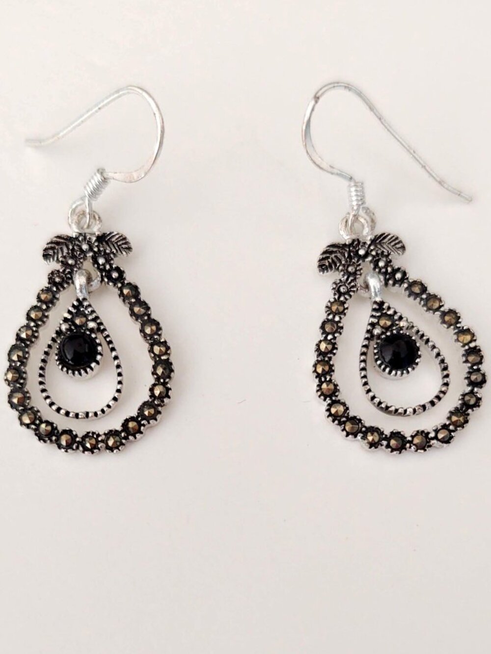 Silver, marcasite and black bead earrings